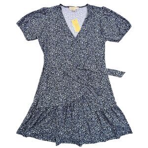 Michael Kors Wrap Sundress Size L Blue White Floral Ruffled V Neck Midi Dress